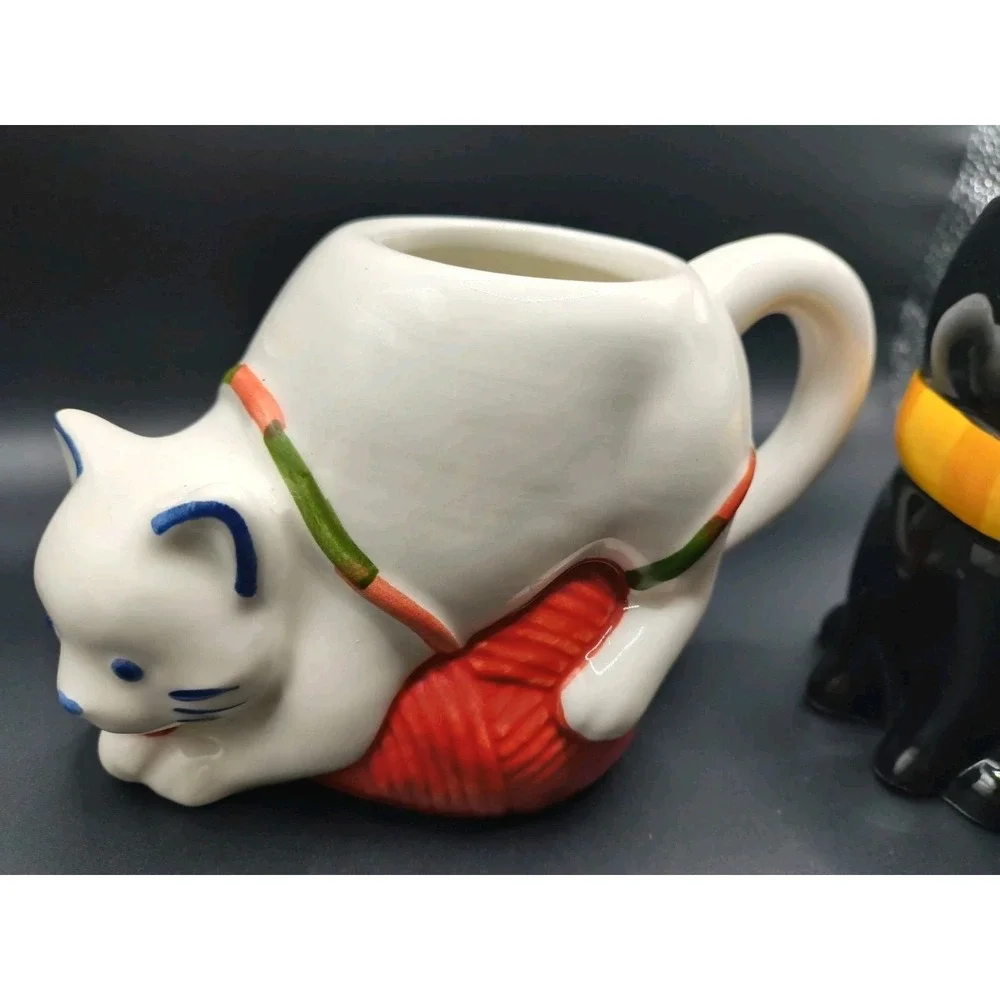2-Target Wondershop Ceramic Cat Lover Mugs-White Kitty with Yarn & Black Cat